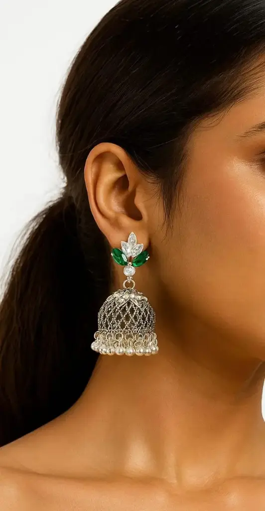 Silver Emerald Jhumkas
