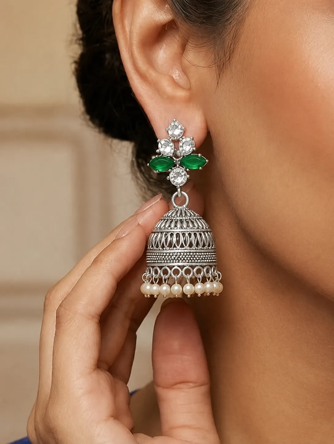 Silver Emerald Jhumkas