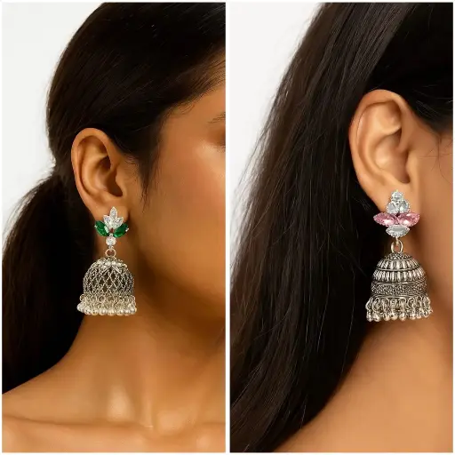 Emerald & Rose Pink Jhumkas 